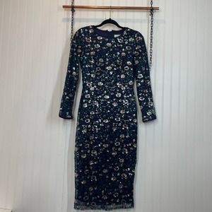 Aura Navy And Silver Floral Sequined Lined Long Sleeve Midi Sheath Dress Size XS